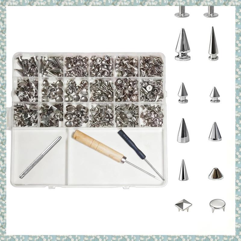 [h5bl3j6wj.ph] กรวยโลหะและกระดุมสี่เหลี่ยม 455 ชิ้น Punk Spikes และ Studs Kit, 10 ขนาดสําหรับเสื้อผ้