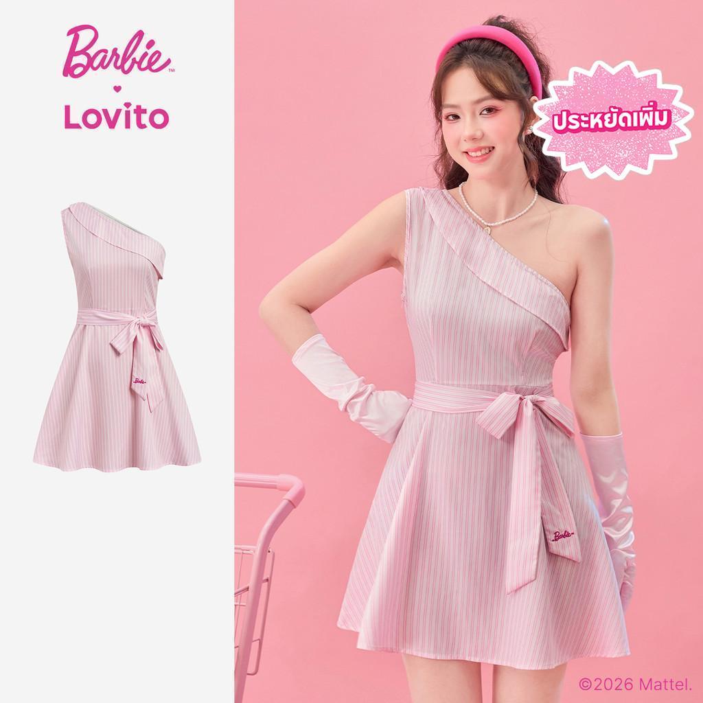 [Summer Sale] Barbie™ X Lovito แพทเทิร์นชุดเดรสลําลองผูกหน้าแบบอสมมาตรสําหรับฤดูใบไม้ผลิ/ฤดูร้อนสําหรับผู้หญิง DRBL2PAD050