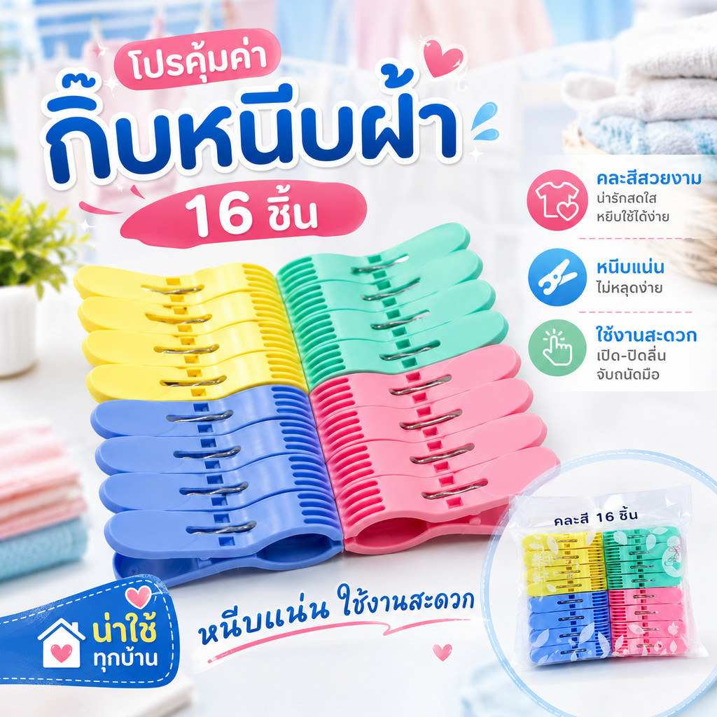 (ยกโหล ได้12แผง) ตัวหนีบผ้า L-2150 กิ๊บหนีบผ้า พลาสติก 1แผง มี16ตัว พร้อมส่งทุกวัน