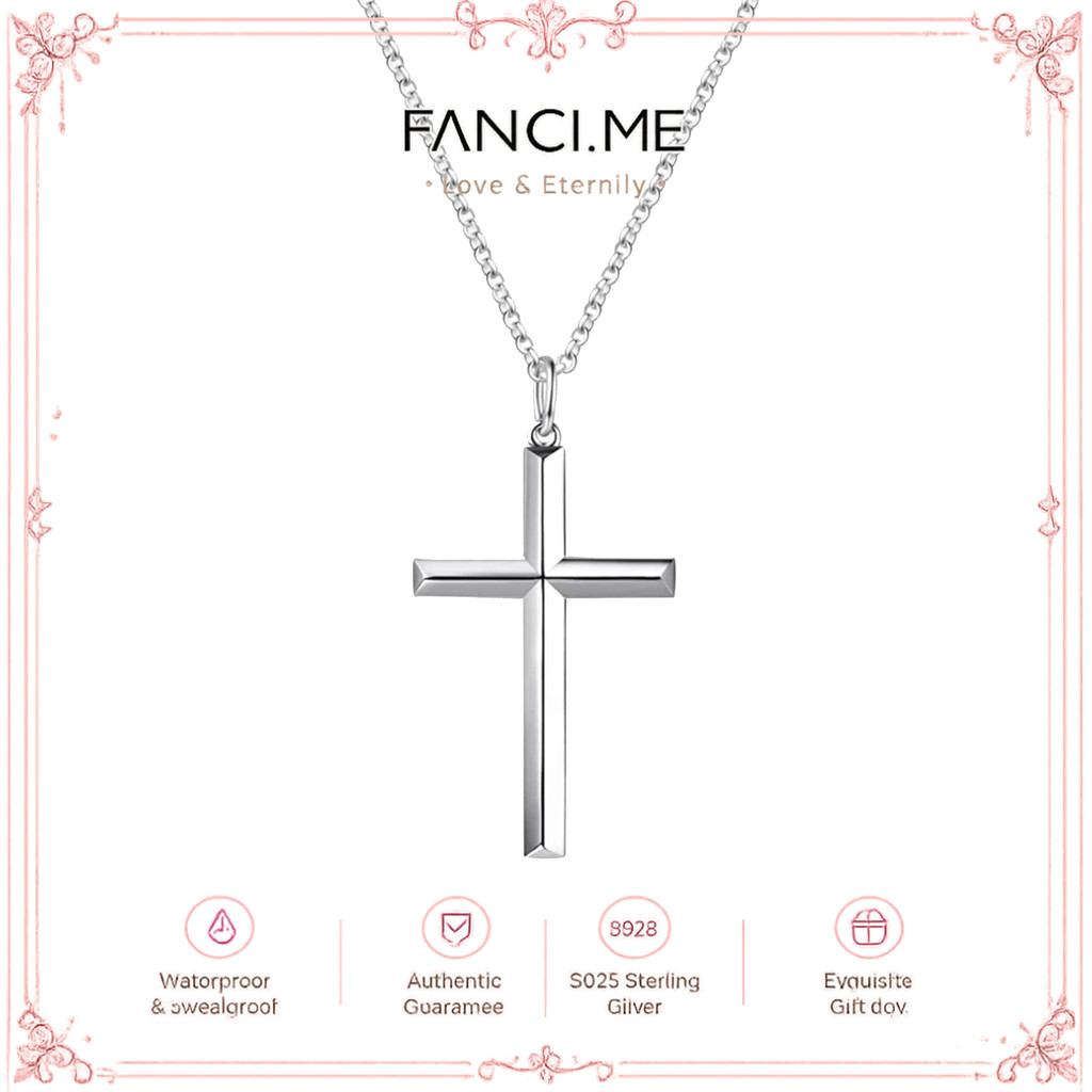 FANCIME Beveled Edge สร้อยคอจี้ไม้กางเขนเงินแท้ โซ่ 24"