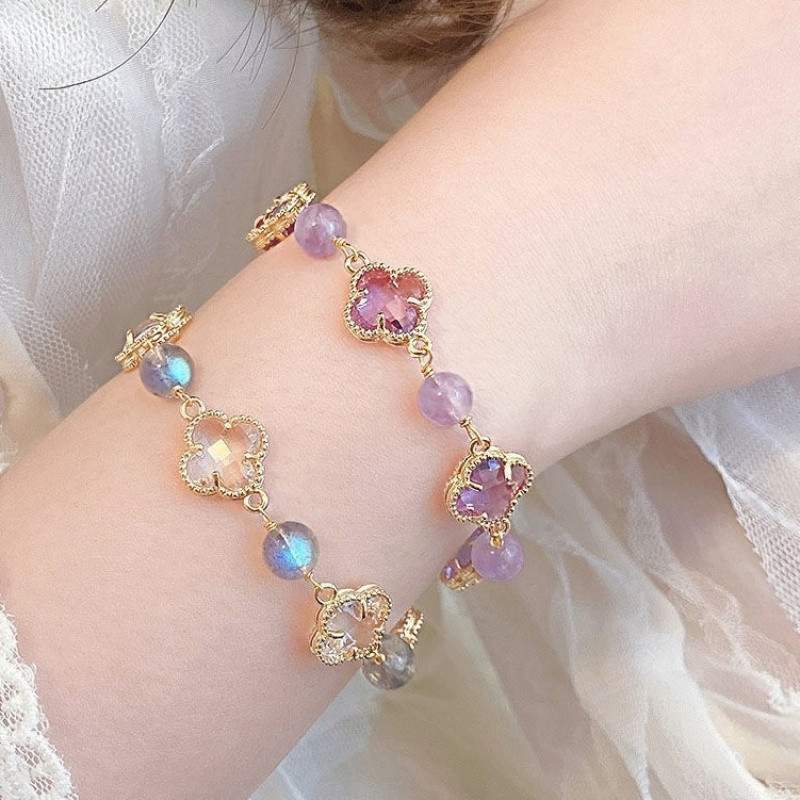 [มีในสต็อก] สร้อยข้อมือมูนสโตนอเมทิสธรรมชาติเลียนแบบสร้อยข้อมือผู้หญิงโคลเวอร์สี่ใบ