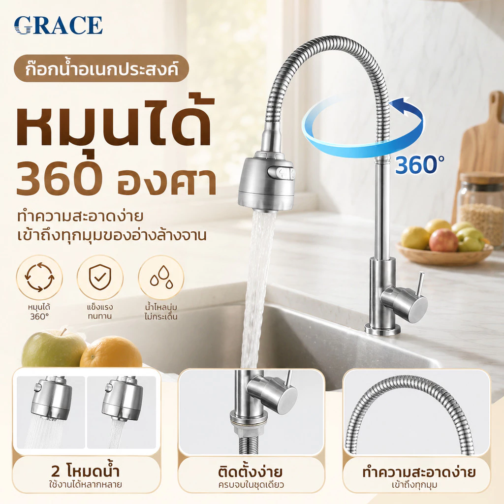 【หมุนได้ 360 องศา】GRACE ข้อต่อก๊อกน้ำ ข้อต่อแปลงน้ำ แรงดันน้ำสูง ทำจากสแตนเลส 304 สำหรับใช้ในครัว COD