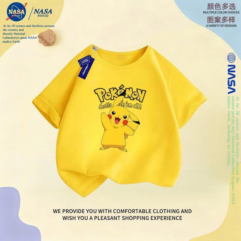 NASA Co-Branded Pokémon Pikachu เสื้อยืดแขนสั้นผ้าฝ้ายแท้สําหรับเด็กฤดูร้อนชายหญิงเด็กการ์ตูน All-