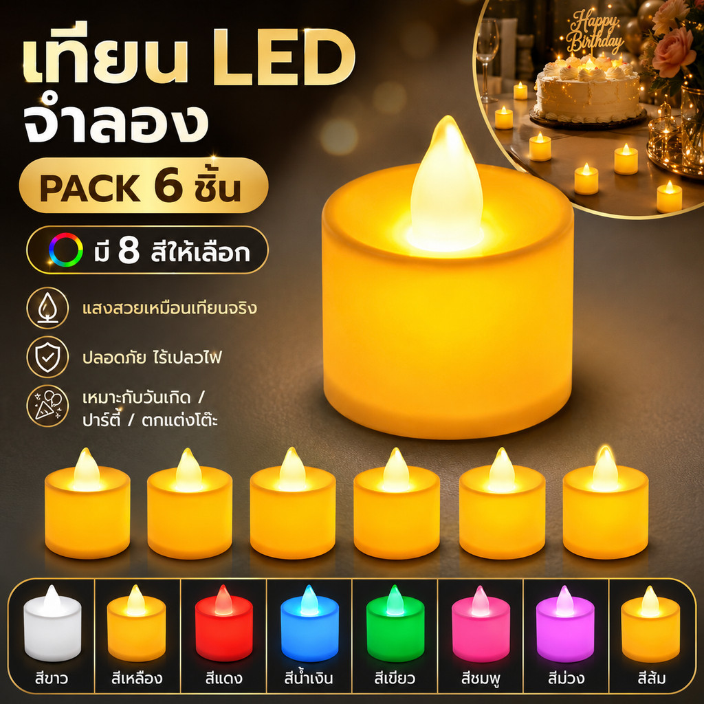 ซื้อ 5 ชิ้น ลด ฿20 (แพ๊ค 6 ชิ้น) เทียน LED เทียนไข LED 1W ไฟนิ่ง สำหรับประดับ ตกแต่ง โคมไฟ แต่งห้องนอน