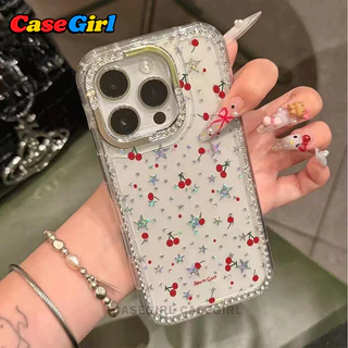 สำหรับ iPhone 17 16 15 13 11 12 14 Pro Max 16 15 14Plus รุ่นใหม่ เคสกันกระแทกลายดาวและเชอร์รี่ กลิตเตอร์ขอบคริสตัลหรูหรา