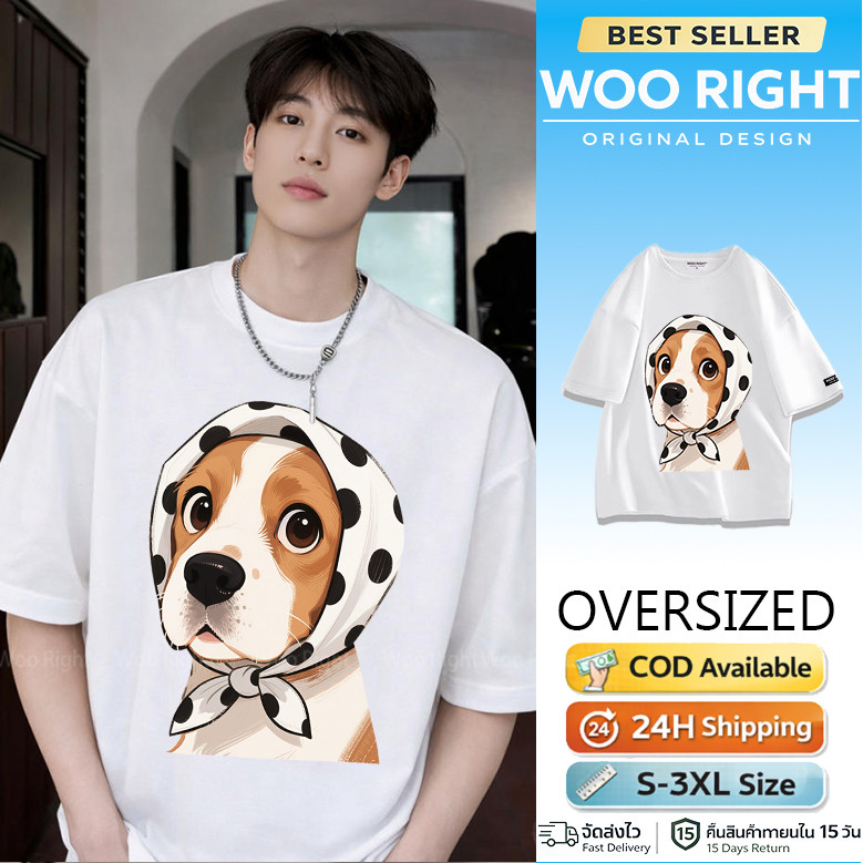 COD จัดส่งตลอด 24 ชั่วโมง Woo Right 200gเสื้อยืดผู้ชาย Oversize สีขาวลายจุดกับลวดลายข้อความ WOORIGHT