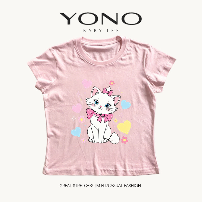 (พร้อมส่ง24ชม.) baby tee สีชมพู ลายแมวขาวโบว์ชมพูหัวใจ ฟีลหวานคิ้วท์ ทรงเข้ารูป ใส่น่ารักทุกวัน