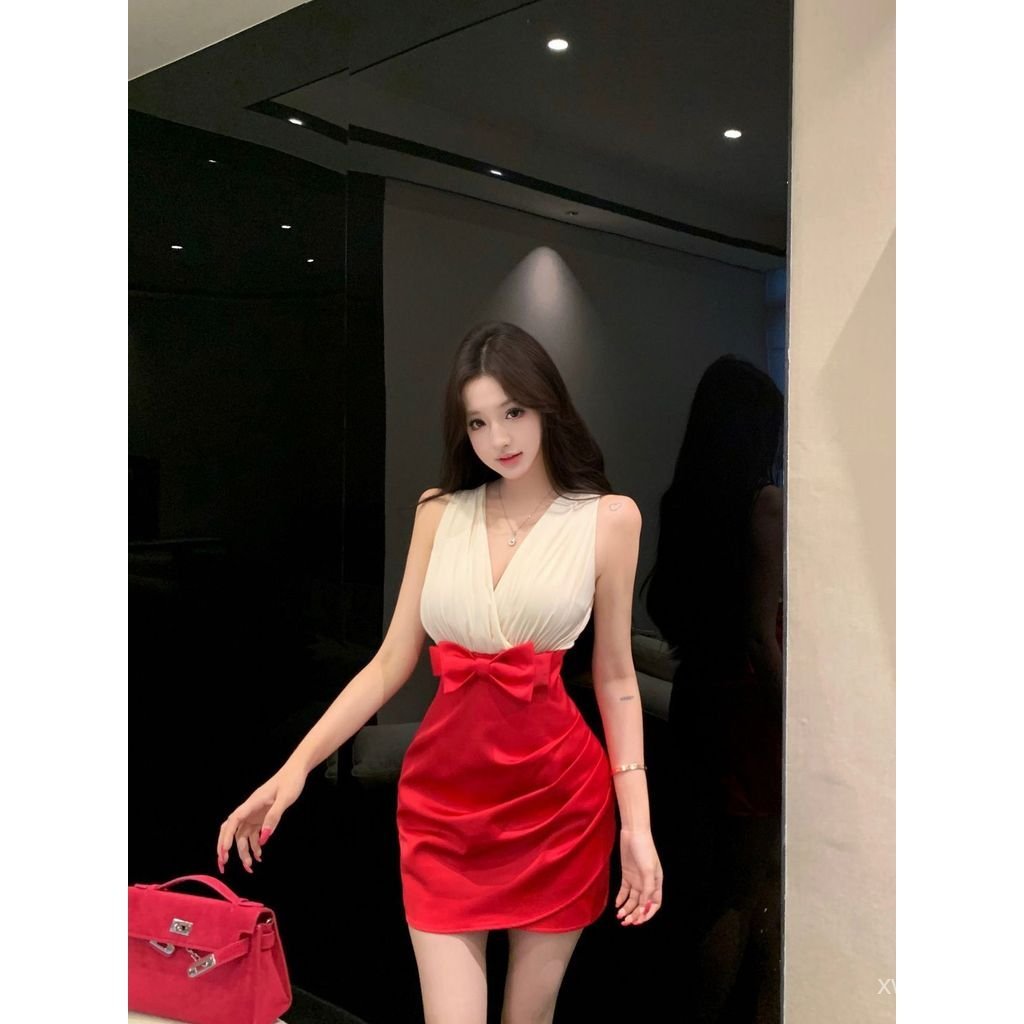 ยอดนิยมสไตล์เกาหลี Royal Sister เซ็กซี่ Contrast สีโบว์ V คอชุดฤดูร้อนสไตล์ใหม่ Filigree เอว Slimmer