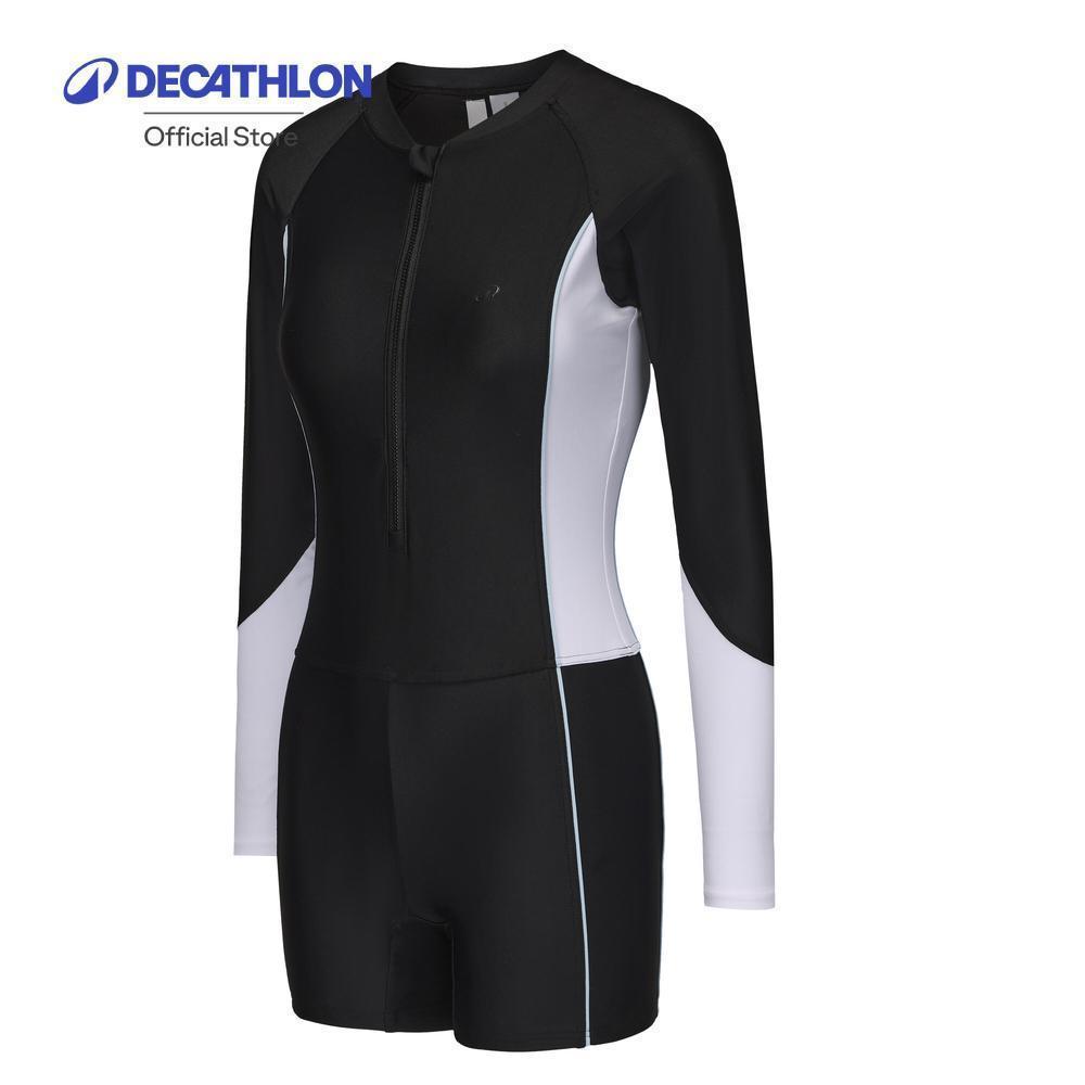 Decathlon One-Piece Long-Sleeve Shorty Swimsuit With Zip Una ชุดว่ายน้ำวันพีซแขนยาวขาสั้นมีซิป รุ่น Una - Black/White