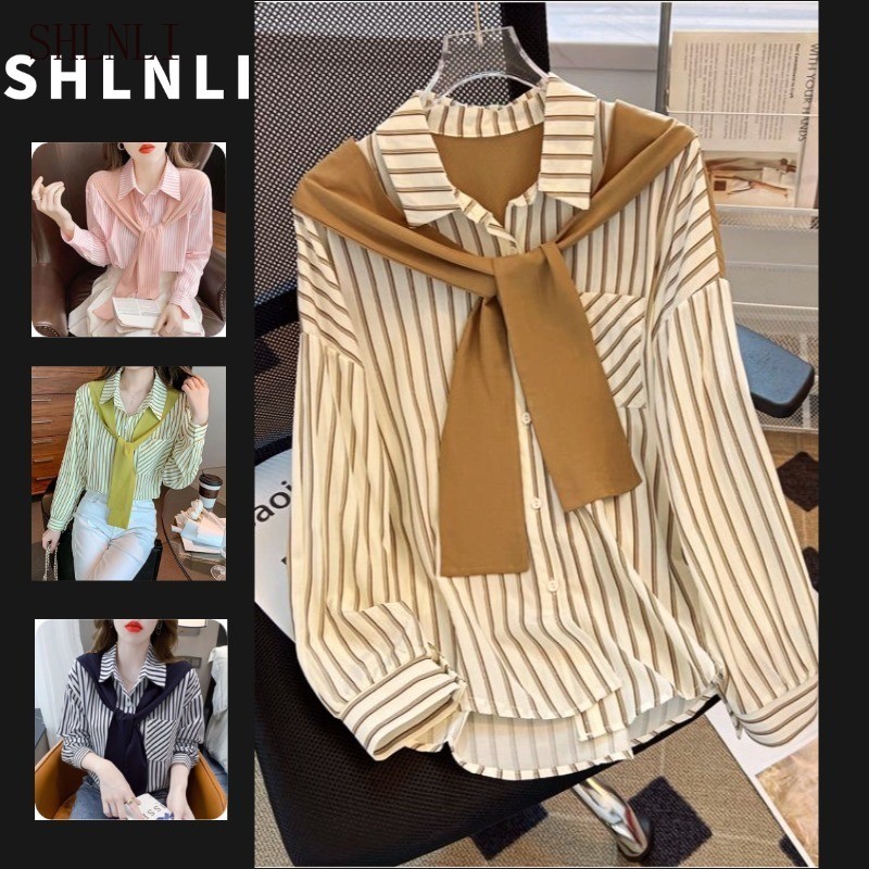 เสื้อเชิ้ตแขนยาวสองชิ้นปลอมของผู้หญิงฤดูใบไม้ผลิฤดูร้อนลายปกหลวมด้านบน