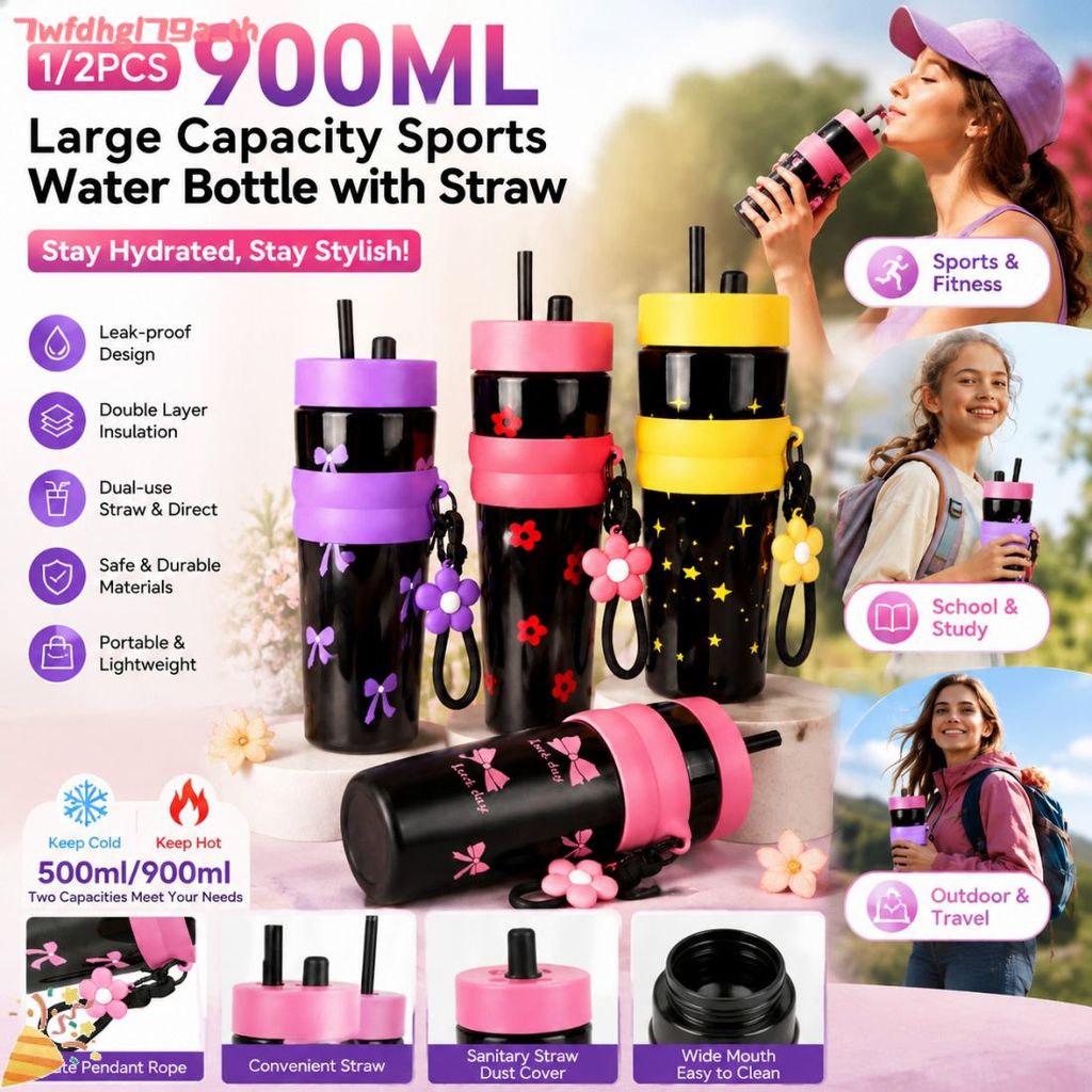 1/2 ชิ้น แก้วน้ำพลาสติกขนาดใหญ่ 900 มล. ป้องกันการรั่วซึม พร้อมหลอดดูด ขวดน้ำสำหรับเล่นกีฬากลางแจ้ง