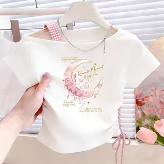 สาวแขนสั้นเสื้อยืดเด็กผู้หญิงสําหรับสาว2026สาวสไตล์ใหม่ฤดูร้อนเกาหลีรุ่นแฟชั่นไหล่ข้างเดียวด้านบนปิดไหล่แขนสั้นเสื้อยืดฤดูร้อนน้อย6.10