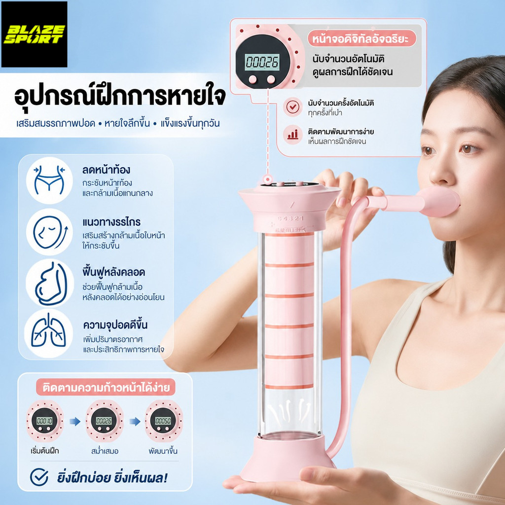BLAZE ดัมเบลฝึกหายใจ เพิ่มสมรรถภาพปอด หายใจหน้าท้องอุปกรณ์ ฝึกปอด 3ระดับ เพิ่มความฟิตและลดน้ำหนัก มีหน้าจอแสดงจำนวนครั้ง