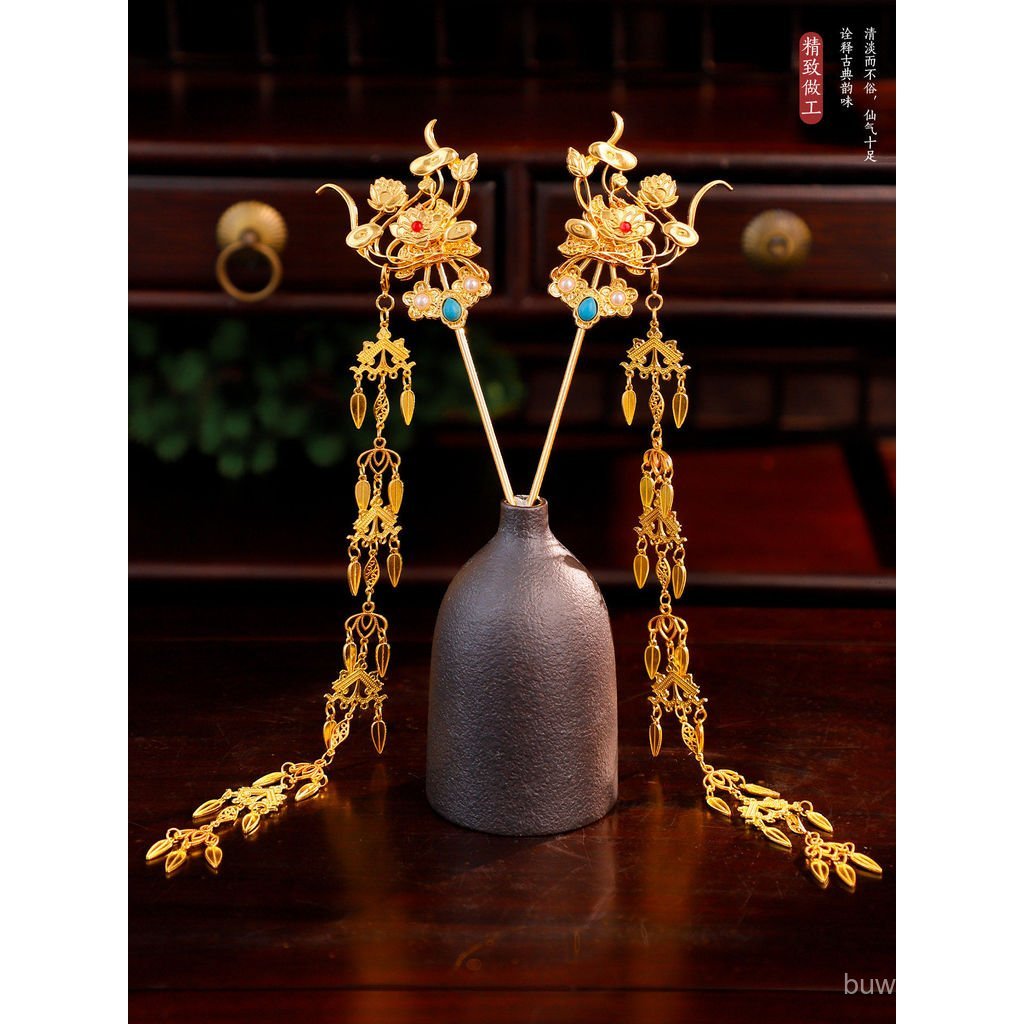 Concubine แต่งหน้าเครื่องแต่งกายโบราณ Hairpin ดอกไม้สีทองพู่ยาว Heavy อุตสาหกรรมเดินอุปกรณ์เสริมผม Palace สไตล์ Photo All-Match Headdress GYNO