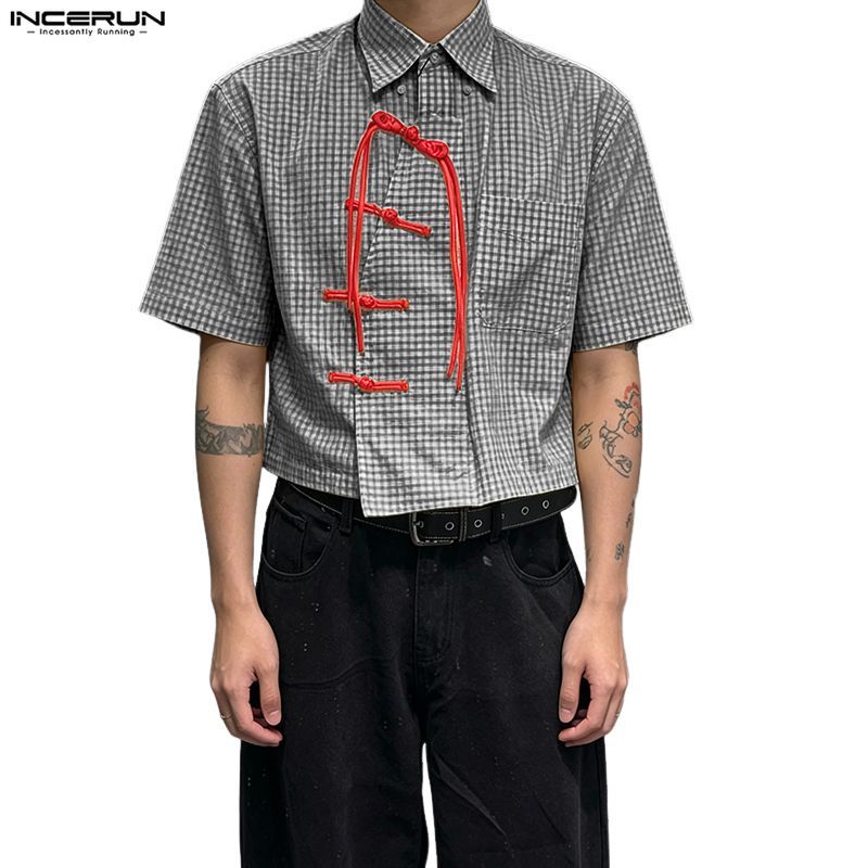 ไม่แน่นอน เสื้อสั้นหัวเข็มขัดลายสก๊อตสําหรับผู้ชาย