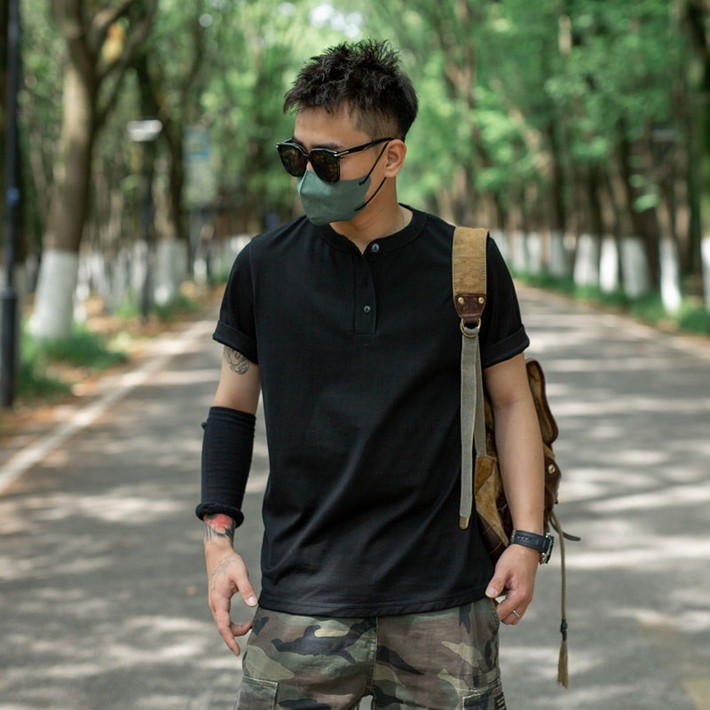 ฤดูร้อน Simple All-Match POLO เสื้อ Tribe ผู้ชาย American Retro Ami สีกากี Henry คอปกแขนสั้นรอบคอเสื
