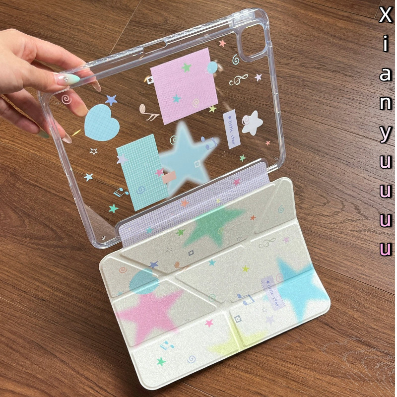 3 + Y น่ารัก Pastel Star Music Note IPad กรณีดินสอโปร่งใสกลับสําหรับ IPad11th Gen12 A16 Gen7/8/9 10.