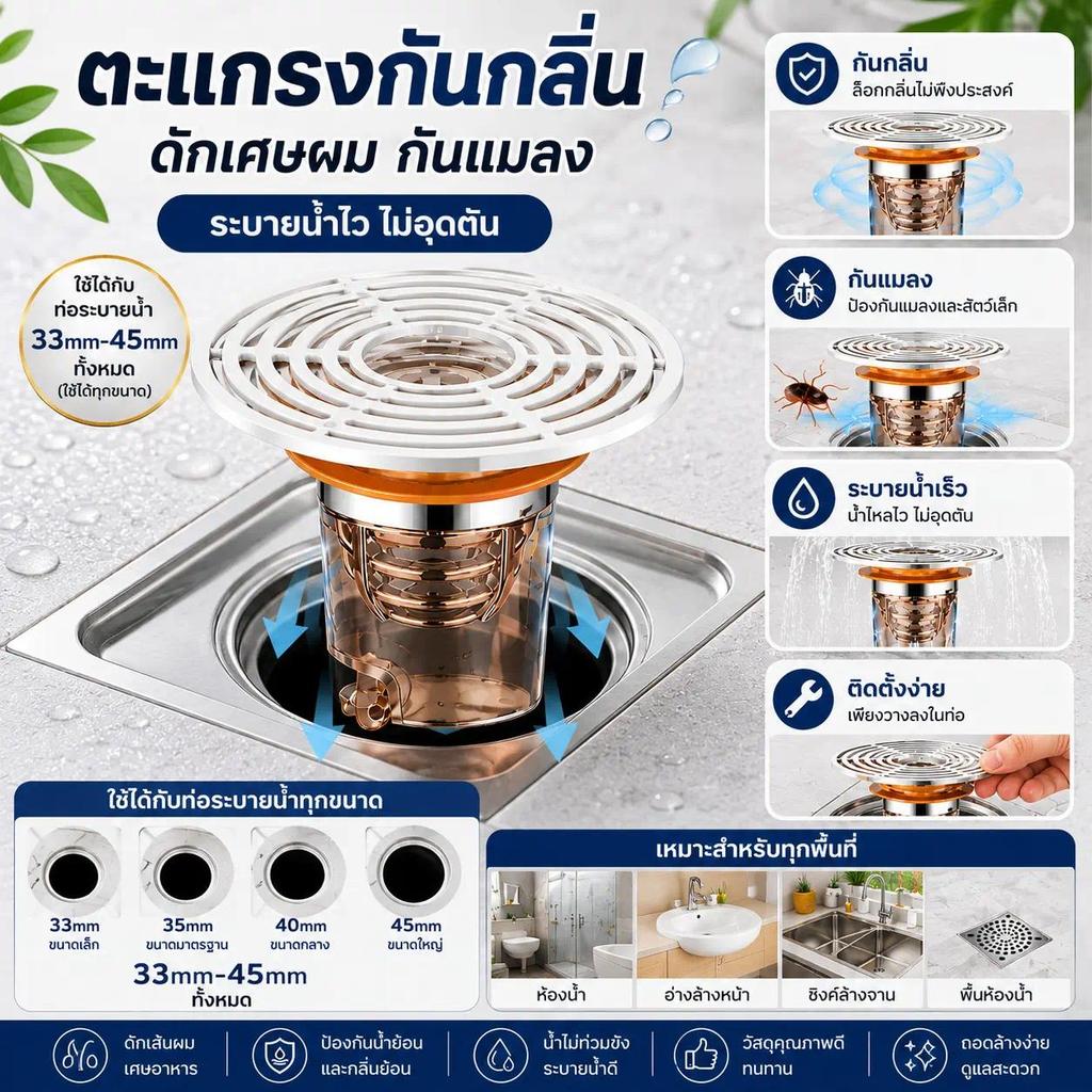 แกนกันกลิ่นท่อระบายน้ำ รุ่นอัปเกรด กันกลิ่นย้อน น้ำไหลแรง ไม่อุดตัน ใช้ได้กับท่อ 32-45 มม. สำหรับห้องน้ำและห้องครัว