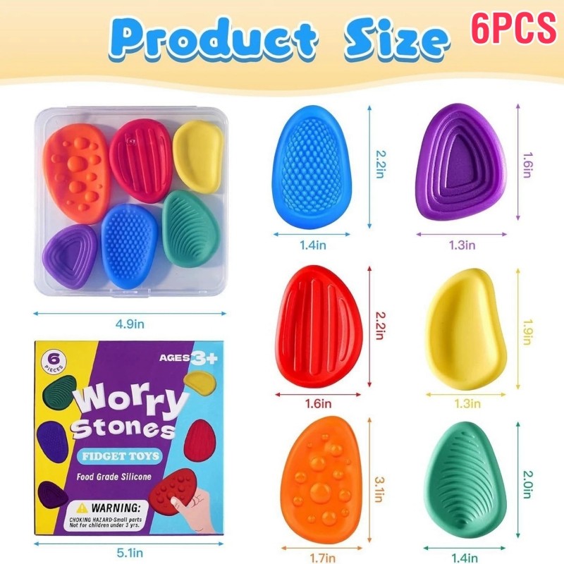 6PCS พรีเมี่ยมซิลิโคนนุ่มกังวลหิน 6 ชิ้นชุด Elegant Textured Fidget Sensory ของเล่นเพื่อการผ่อนคลาย Mindfulness ทุกวัน Wellness ของขวัญ