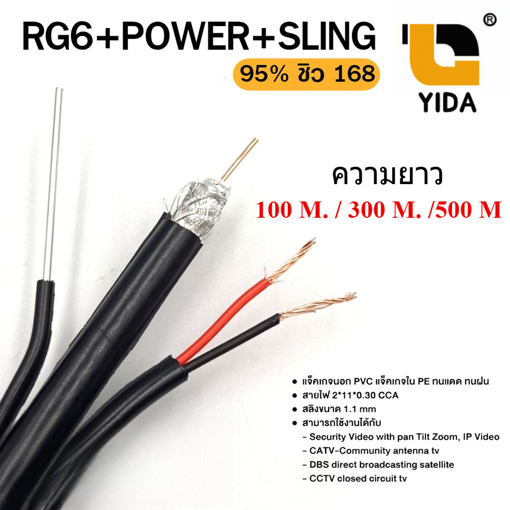 สาย RG6 95% พร้อม สายไฟ และ สลิง power sling coaxial cable rg 6 /168 ยาว 100/300เมตร