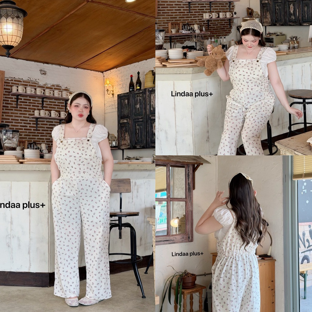 Lindaa23901เอี้ยมยีนส์สีขาว ผ้าลายดอกไม้ น่ารักมาก คาเฟ่หรือทะเลตัวเดียวจบ เสื้อผ้าสาวอวบอ้วน