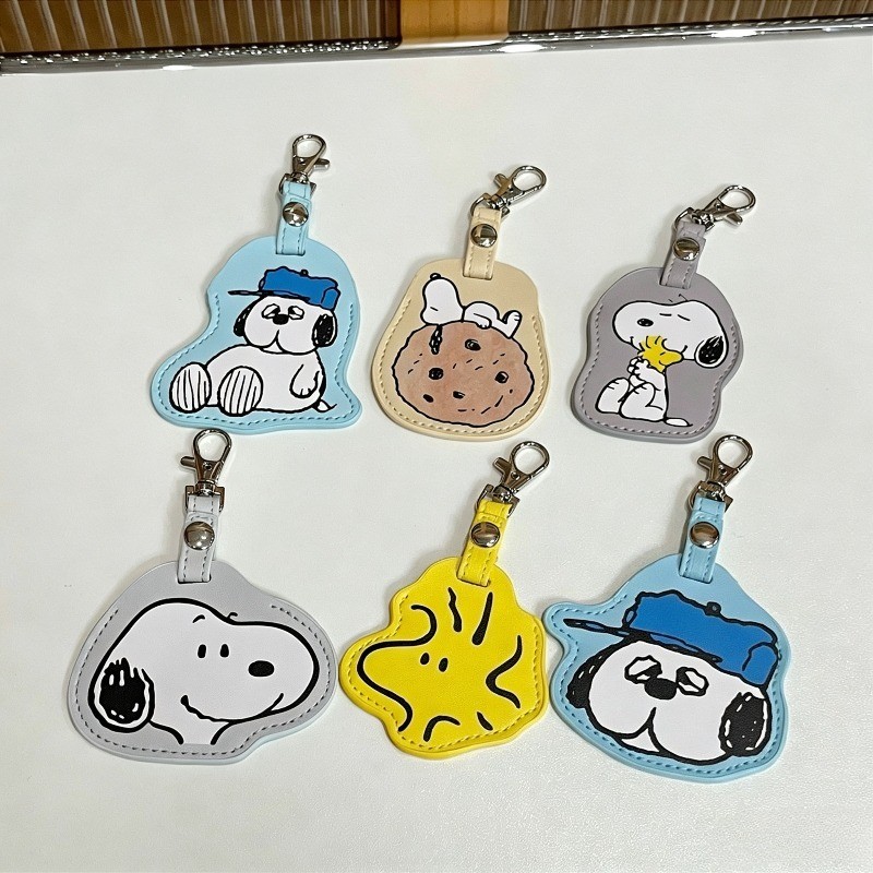 Snoopy Access Control Card Holder Induction IC Protective Case Olaf Leather Keychain Pendant Cartoon Cute