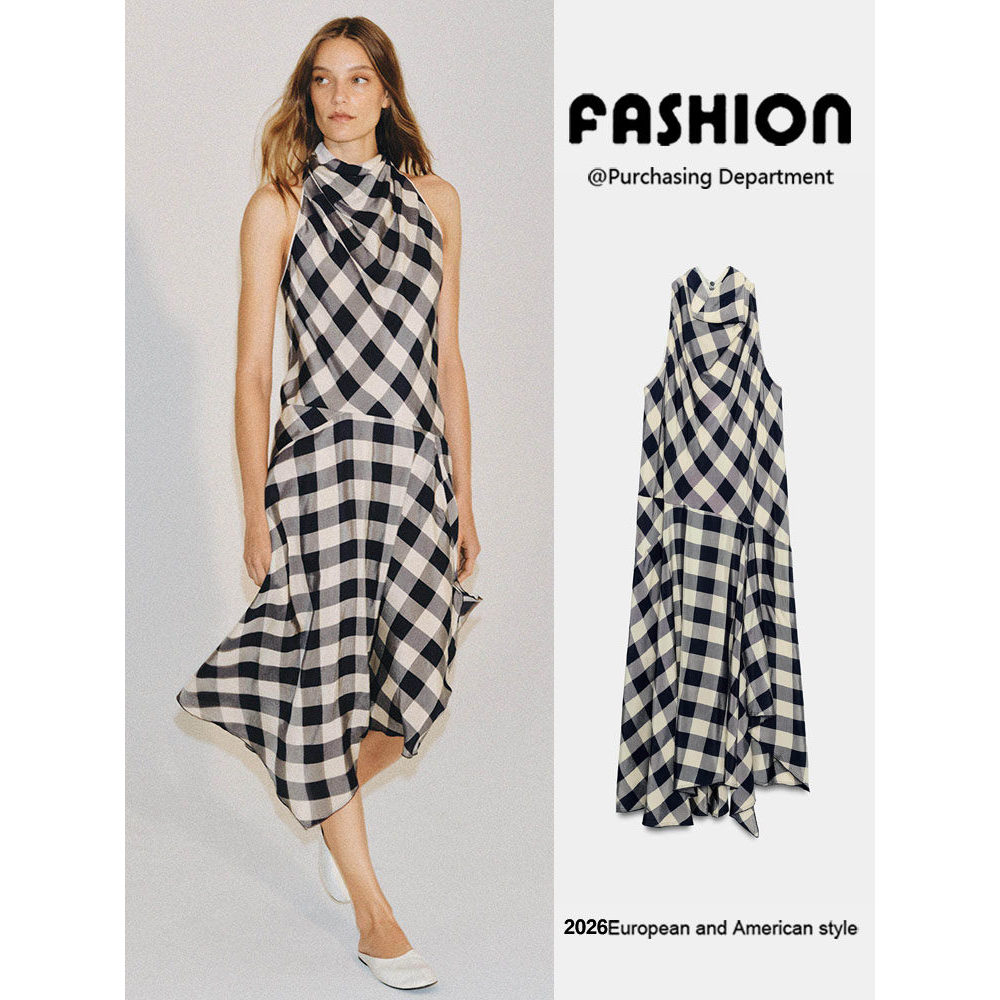 ZA2026 Summer New Product Womens Classy Checkedไม่สมมาตร Dress Dress Dress 2133907 043