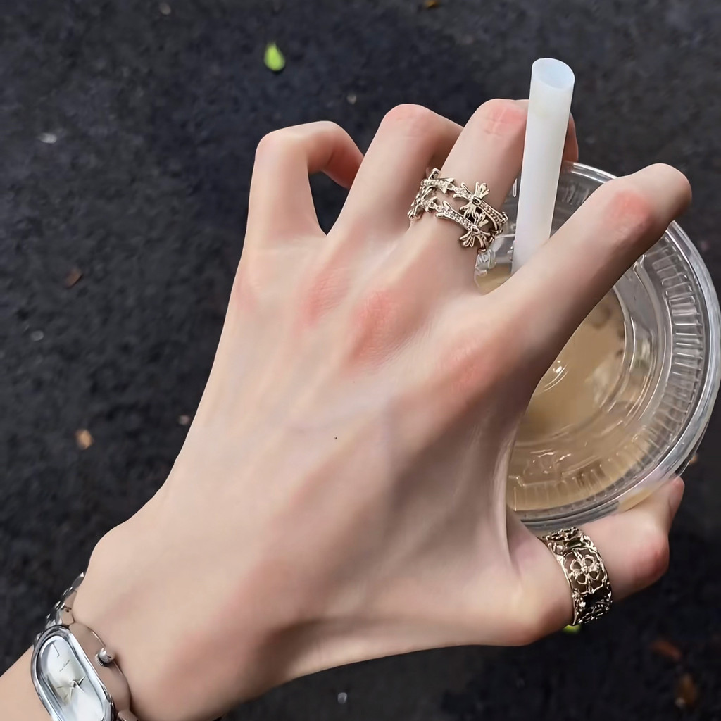 Niche Retro Design Sense Coffee Gold Ring Female Stacked Cross Diamond Ring High-End Sense Cool Styl