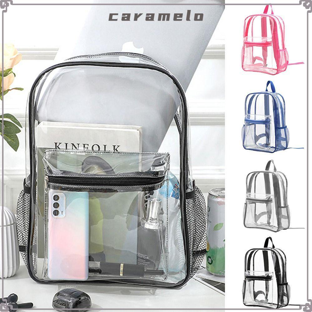 CARAMELO กระเป๋าเป้สะพายหลังโปร่งใส,ขนาดใหญ่ความจุ PVC Knapsack, Casual Luxury Designer กระเป๋าเป้สะพายหลังที่มองเห็นได้กีฬากลางแจ้ง