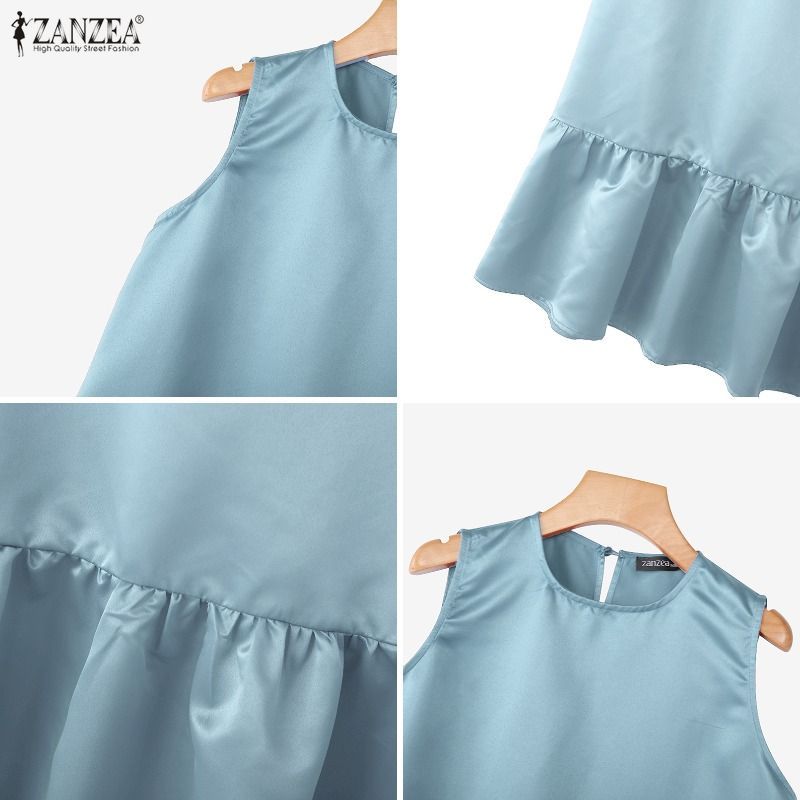 ZANZEA ซานเซีย ผู้หญิงวันหยุดเกาหลีรอบคอแขนกุดสีทึบหลวมจีบชุด — صورة 8