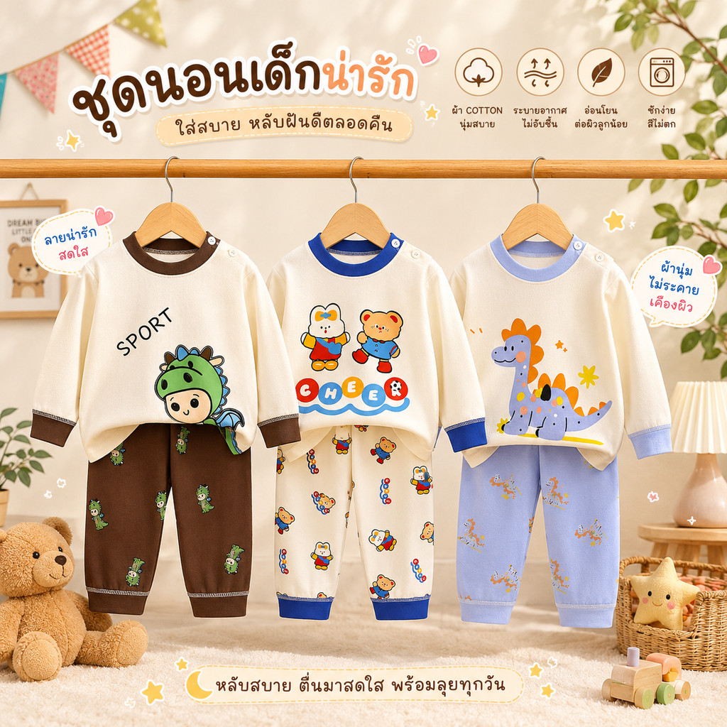 [ชุดนอนเด็กลายใหม่] เสื้อแขนยาว+กางเกงขายาว มีไซส์73-130 1เดือน-7ปี ผ้าCotton100% ใส่กันหนาว ลายการ์ตูนน่ารัก ผ้านิ่มๆ