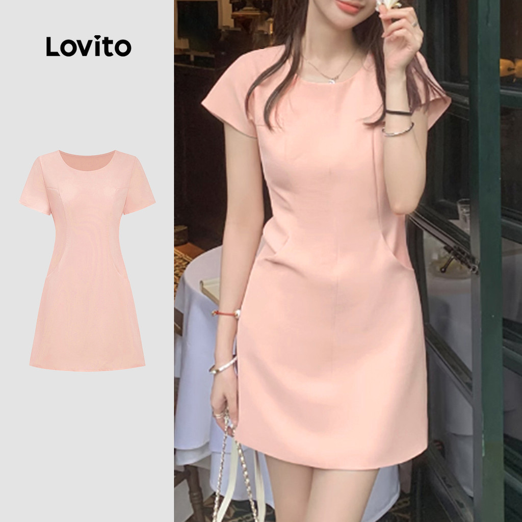 Lovito ชุดเดรสหรูหรา ชุดเดรสกระเป๋าสีพื้นสําหรับผู้หญิง L99ED277