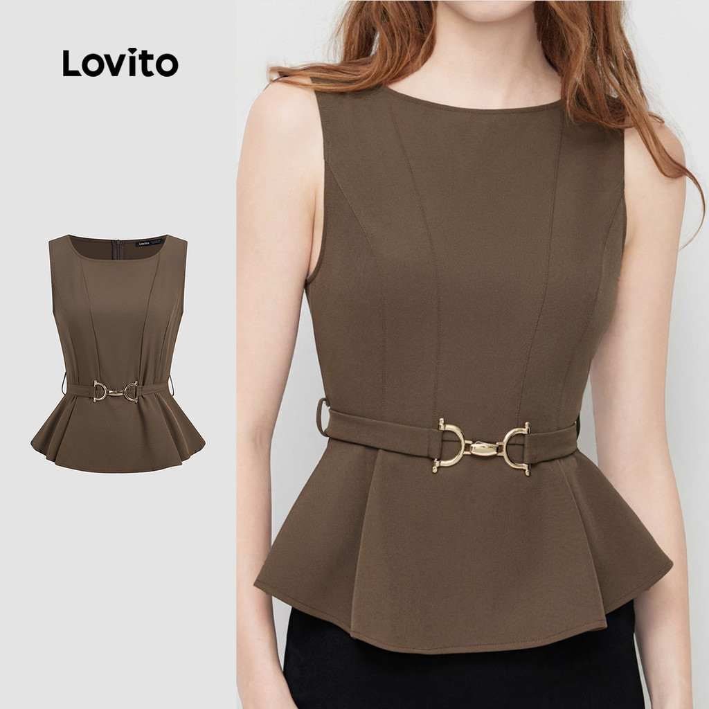 Lovito  เสื้อเบลาส์ผู้หญิงสีมอคค่า ดีไซน์หรูหรา พร้อมเข็มขัดหัวเข็มขัดโลหะและระบายชายเสื้อ สําหรับฤดูใบไม้ผลิ/ฤดูร้อน LK3ED115