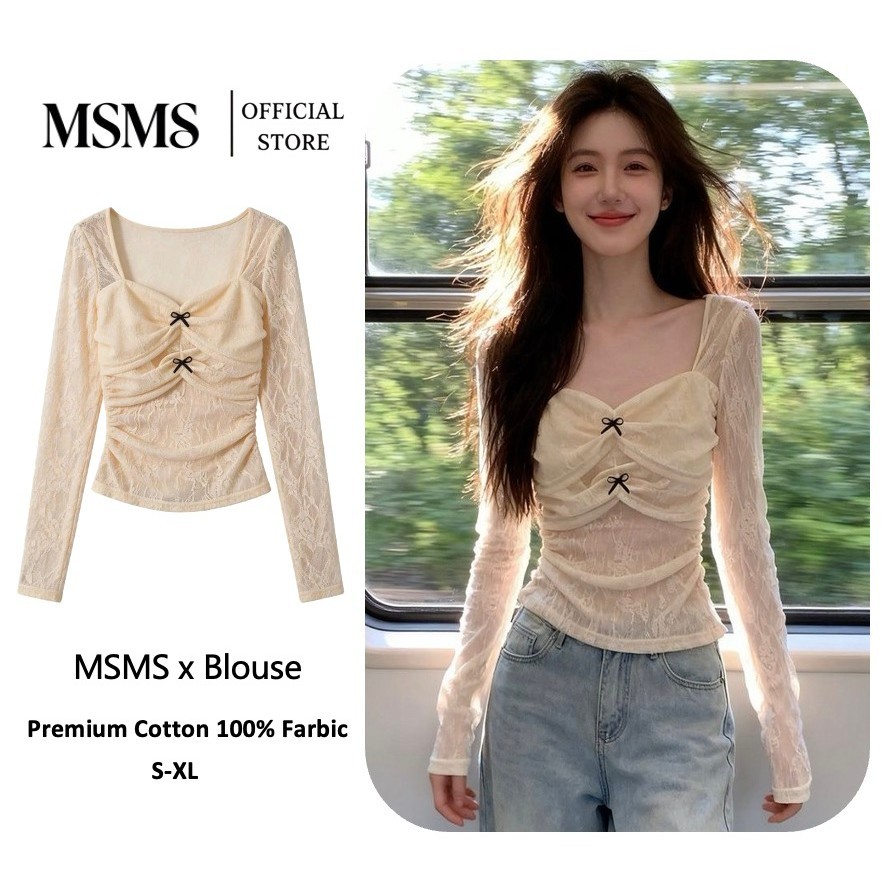 Lace Bow Crop Top เสื้อยาวลูกไม้ผู้หญิงสีครีมอ่อน คอสี่เหลี่ยมผูกโบว์ เอวย่นรัดทรงสัดส่วนดี สไตล์หวานเซ็กซี่ Size S-L