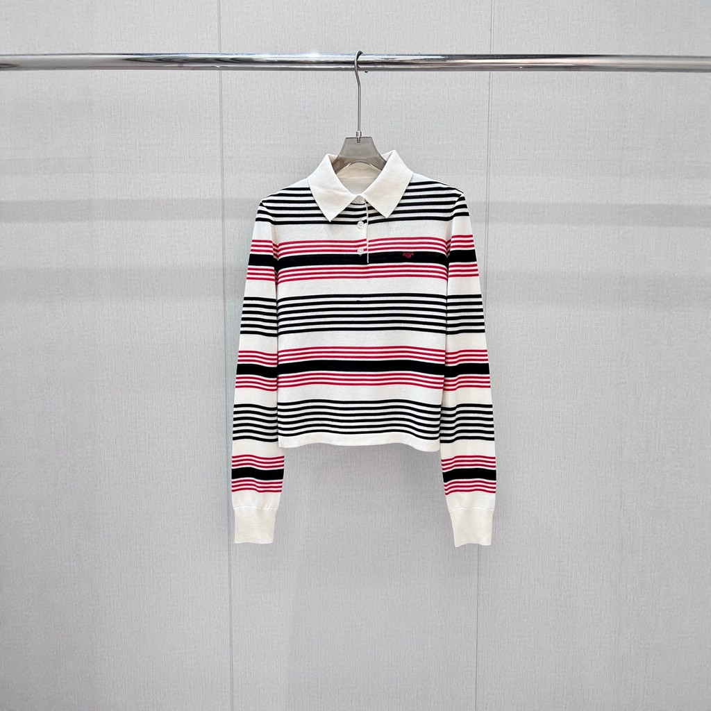 9LMZ C#E 26New round-neck knitted short-sleeve with contrasting color stripes, classic design logo D