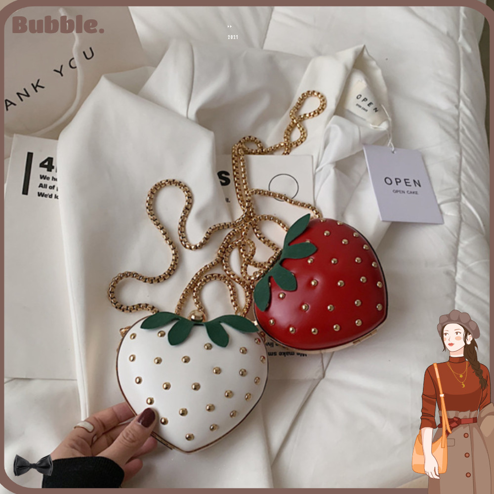 BUBBLE กระเป๋าสะพายข้างรูปหัวใจฤดูร้อน, กระเป๋าโท้ตหมุดน่ารักรูปสตรอเบอร์รี่ขนาดเล็ก, กระเป๋าสะพายไหล่ผู้หญิง PU