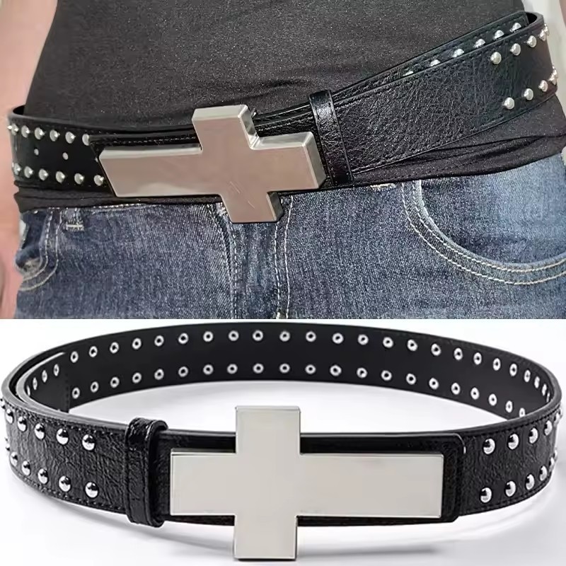 Hip-hop Punk Cross Studded Belt - Gothic Y2K Alloy Cross Buckle PU Waistband for Street Outfit