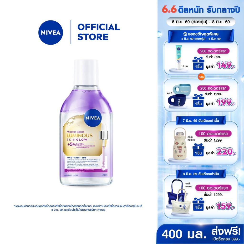 [ใหม่!!]นีเวีย ลูมินัส สกิน โกลว์ ไมเซล่า วอเตอร์ 400 มล. NIVEA
