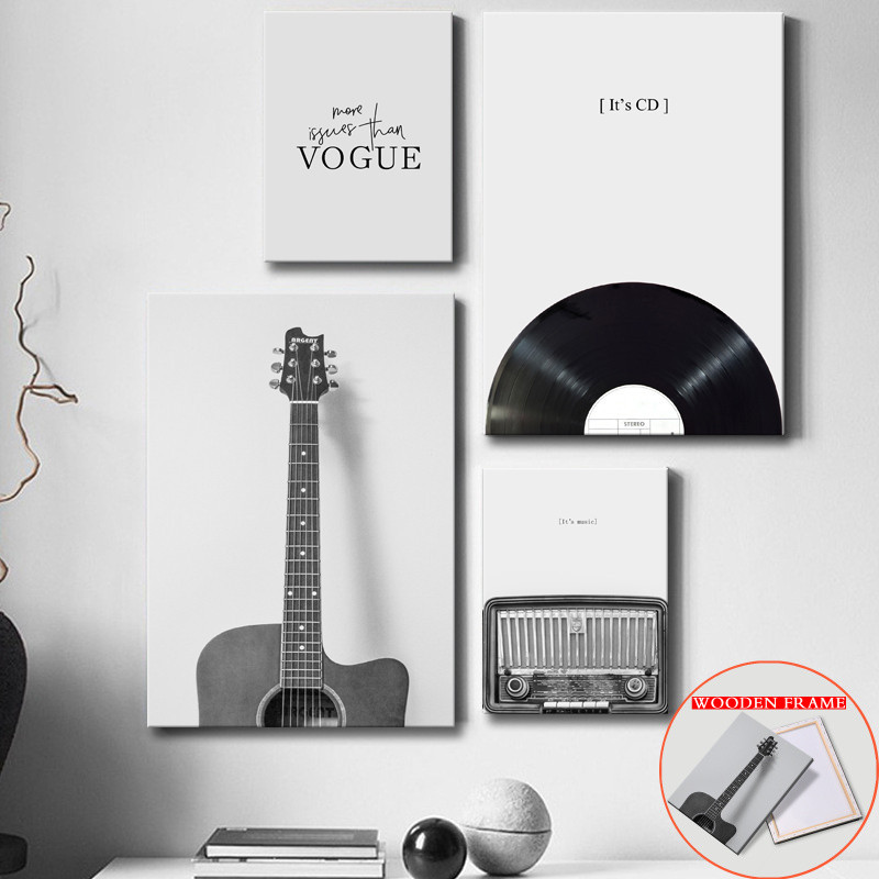 (พร้อมกรอบ) ธีมดนตรี Wall Art กีตาร์ขาวดําและโปสเตอร์บันทึก Nordic Minimalist พิมพ์สําหรับห้องนั่งเล่น