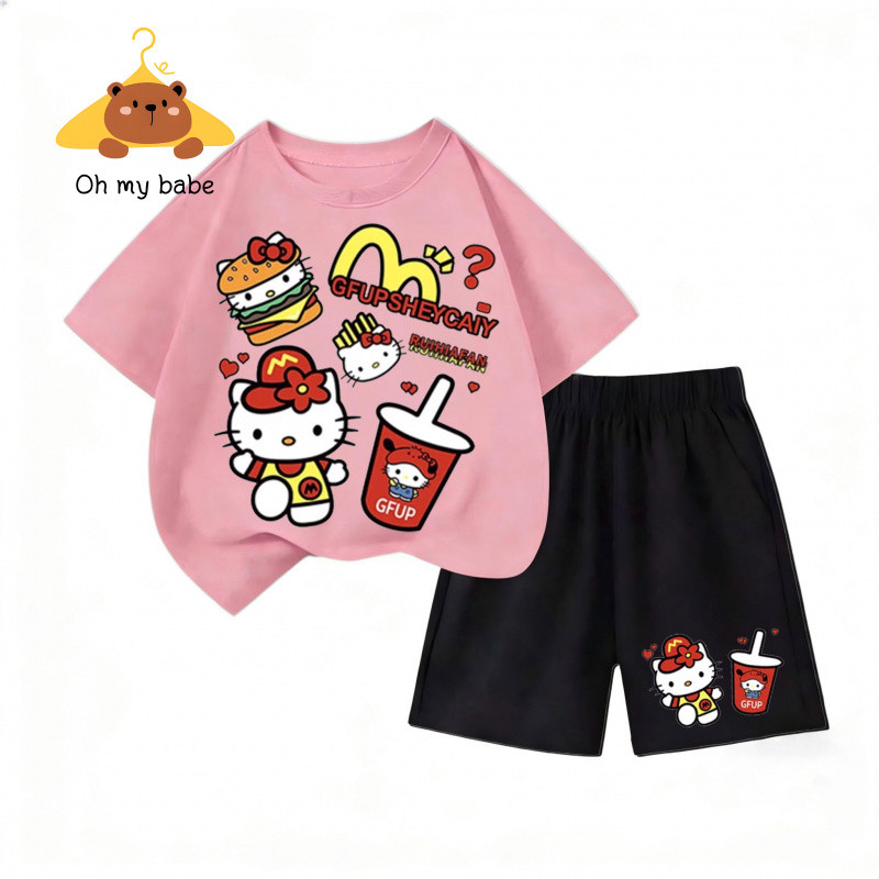 [COD]LE2(hot)  (จัดส่งรวดเร็ว 1-2วัน) ชุดเด็กยอดนิยม Hello Kitty | เสื้อยืดสีม่วง+กางเกงดำ ระบายอากาศดี ซักไม่ยับไม่ลอก