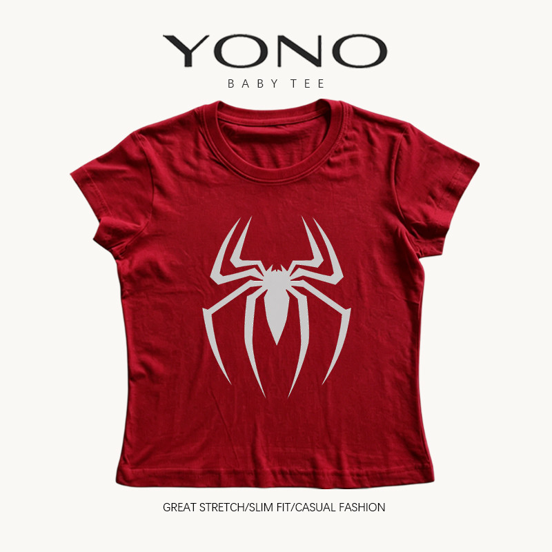 (พร้อมส่ง24ชม.) baby tee สีแดงไวน์ ลายแมงมุมกราฟิก ฟีลดาร์กสตรีท ทรงเข้ารูป ใส่เท่ดูเด่น