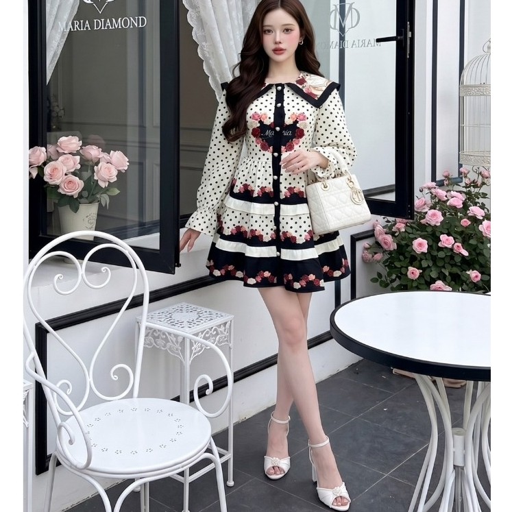 (มี3XL) สีครีมลายจุด Damon Polka Dress เดรสสั้นผ้าเปเป้พิมพ์ลาย กระดุมหน้า แขนยาวปลายสม็อค ด้านหลังปกกะลาสี