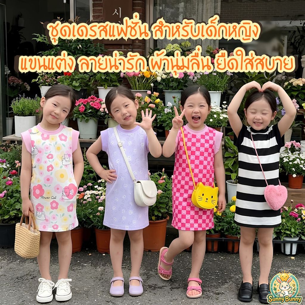 sunny_bunny ชุดเดรสแฟชั่น สำหรับเด็กหญิง แขนแต่ง ลายน่ารัก ผ้านุ่มลื่น ยืดใส่สบาย ไม่ร้อน ระบายอากาศได้ดี