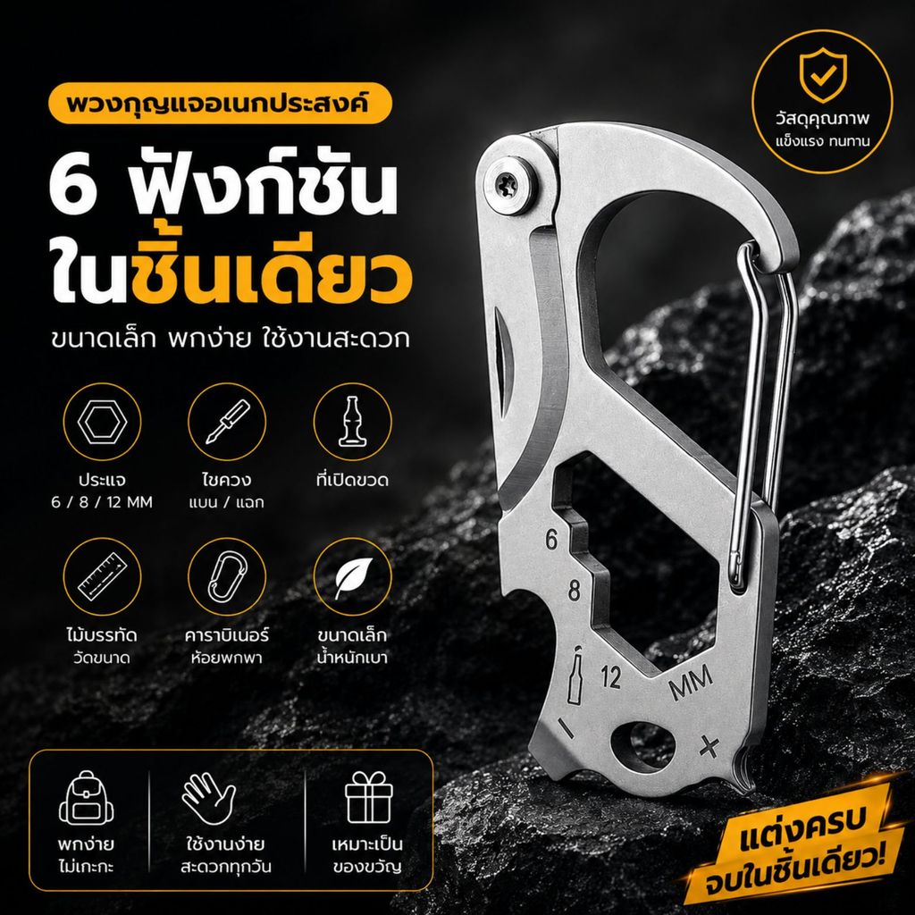 พวงกุญแจอเนกประสงค์ Multi Tool ประแจ 6/8/12 มม. ไขควง ที่เปิดขวด คาราบิเนอร์ พร้อมสเกลวัดขนาด พกพาสะดวก