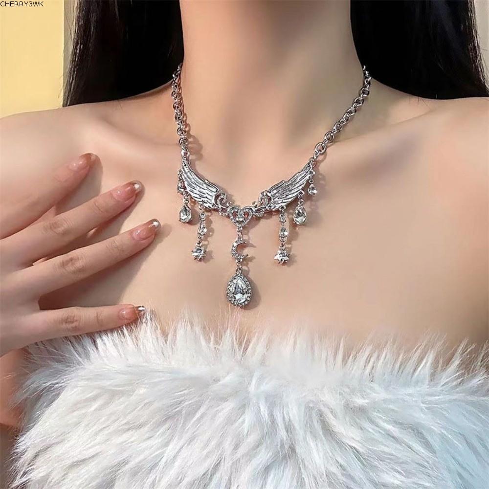 19VJKEPSHOP สร้อยคอคริสตัลChoker, Silver Punk Aesthetic Angel Wingsสร้อยคอ,Y2Kพู่ออกแบบหัวใจStar Win