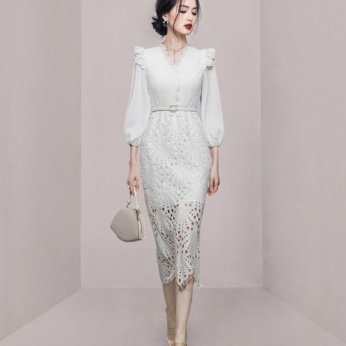 [JS FASHION] Wendy Import Elegant Luxury Womens Dress White Party Dress กิจกรรม