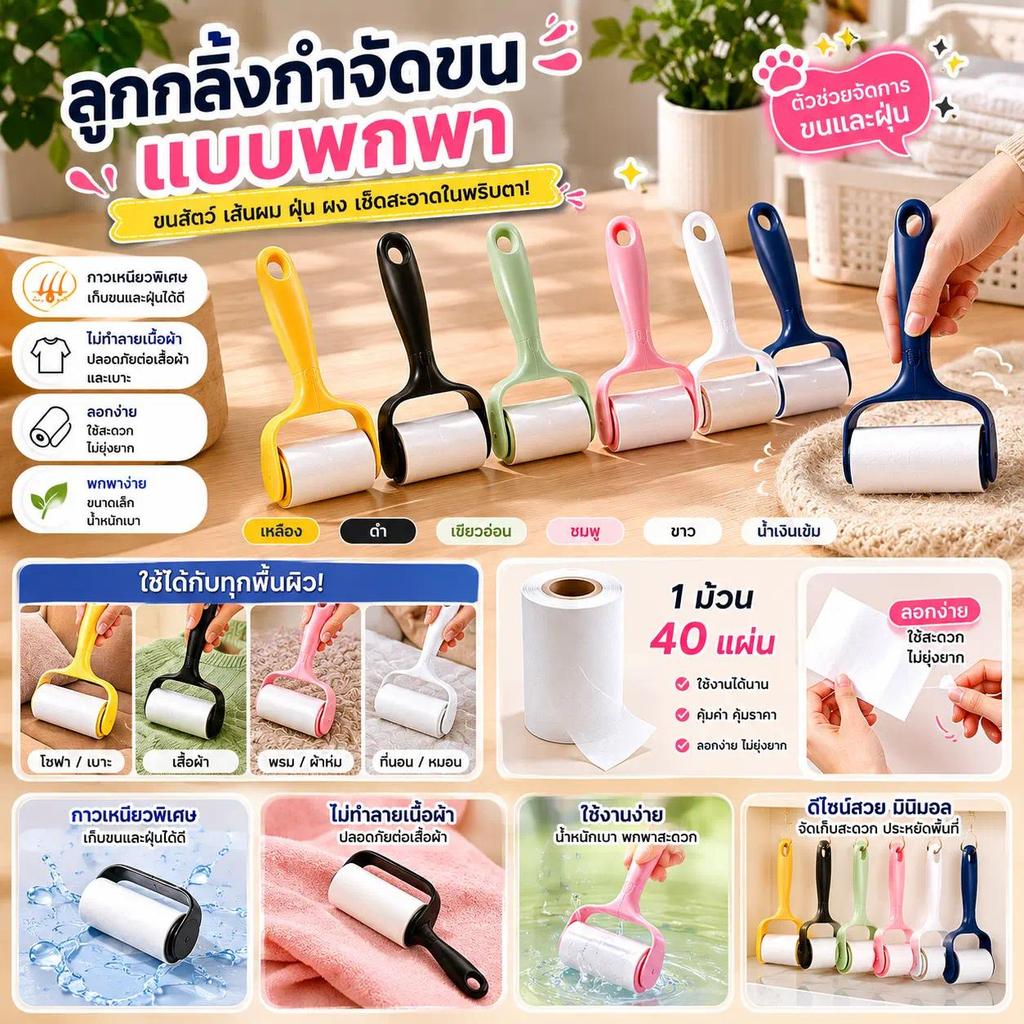 ลูกกลิ้งเก็บขนสัตว์เลี้ยง 40 แผ่น กาวเหนียวพิเศษ รีฟิลเปลี่ยนได้ เก็บขนแมว ขนสุนัข เส้นผม ฝุ่น ใช้งานง่าย พกพาสะดวก