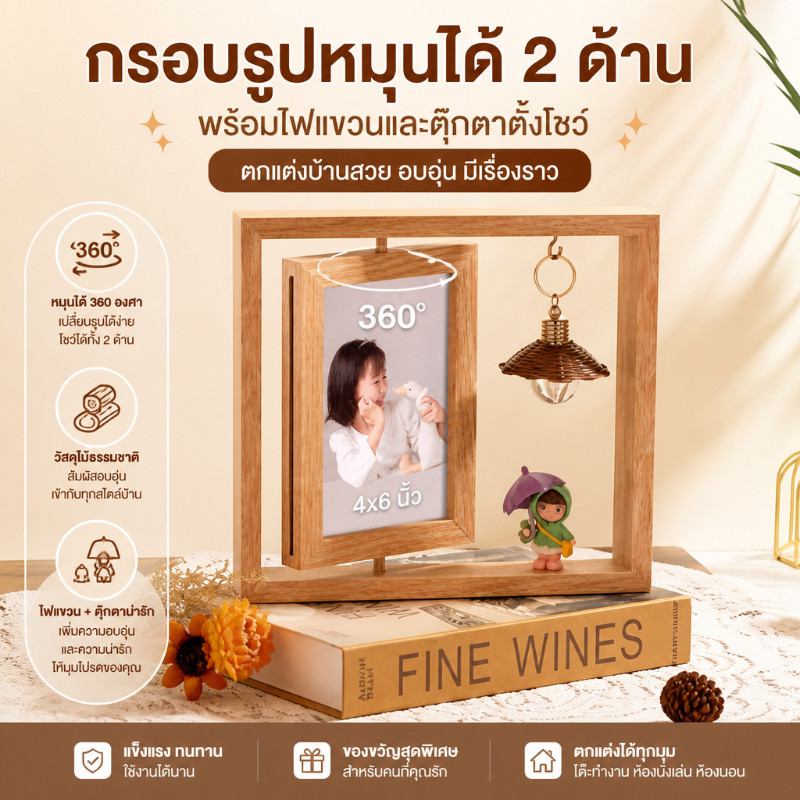 COD กรอบรูปไม้ เปิดโคมไฟLEDได้ 6-7นิ้ว หมุนได้ ใส่รูป2รูป มินิมอล DIY วันครบรอบ ของขวัญวันวาเลนไทน์ 🇹🇭