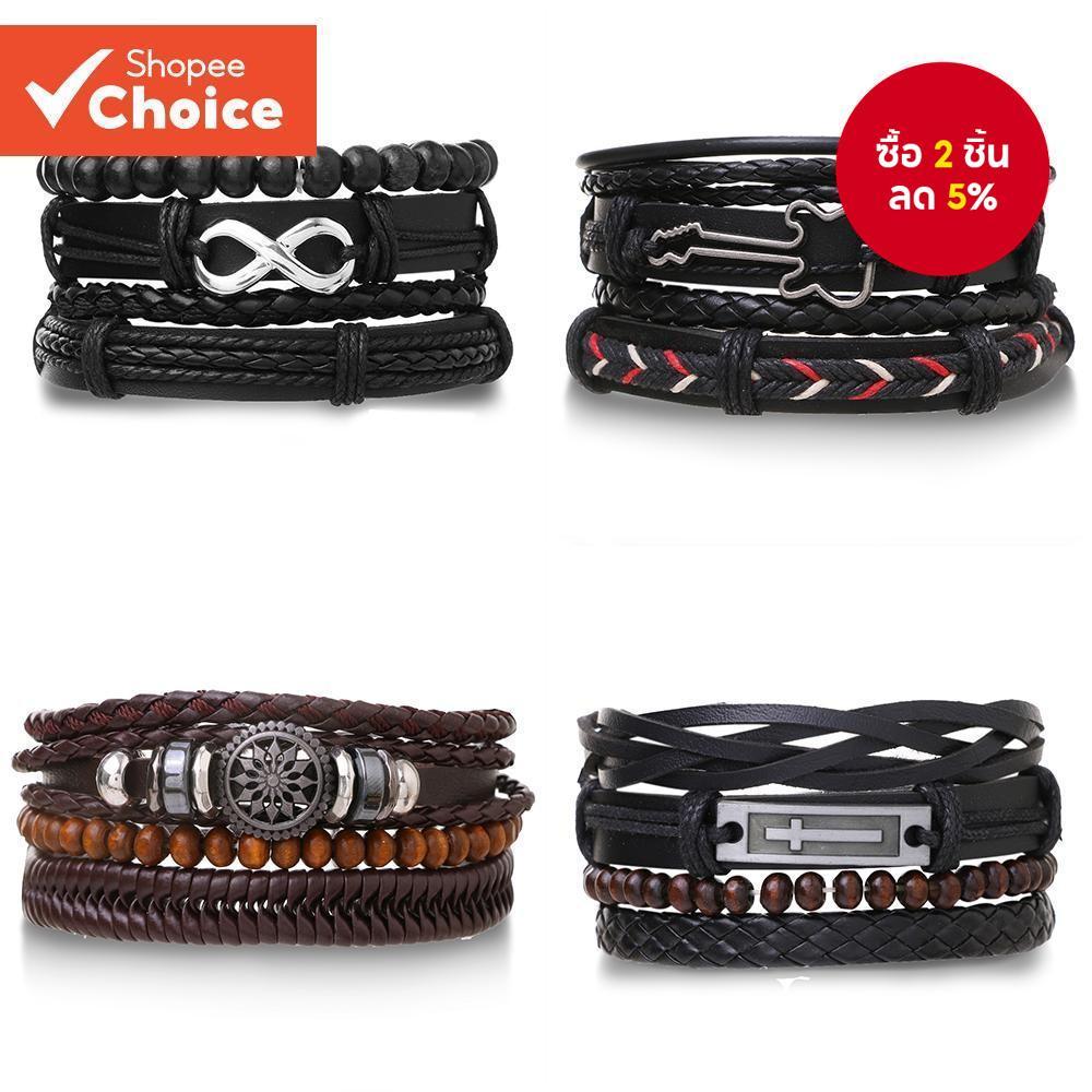 สร ้ อยข ้ อมือหนังถักหลายชั ้ นย ้ อนยุคที ่ ถอดออกได ้ เครื ่ องประดับปรับได ้ หลากหลายสไตล ์ มีให ้ เลือก