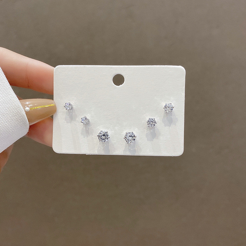 เซ็ตต่างหู 3 คู่ Silver Ear Studs สีขาวเพทาย สไตล์หรูมินิมอล คลีนเท่ ดูดีมีระดับ ต่างหูสําหรับ Sensitive earring